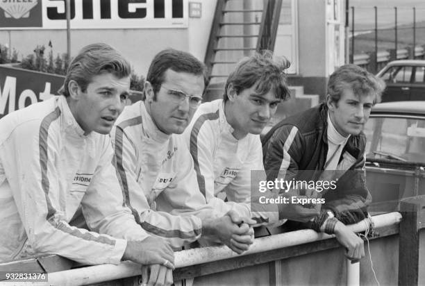 Racing drivers Ray Allen, Brian Smith, Dave Morgan, Tony Trimmer taking a break from trials at Brands Hatch, UK, 20th September 1968.