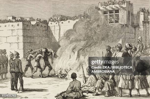 Burning the body of a Ghazi assassin outside the Peshawar Gate, Jalalabad, Afghanistan, Second Anglo-Afghan War, illustration from the magazine The...