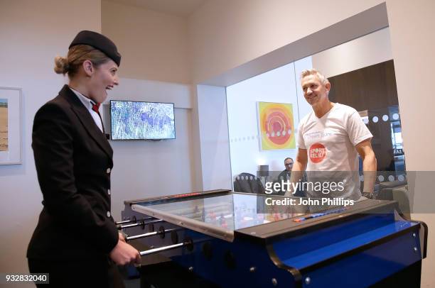 Gary Lineker with British Airways staff at Gatwick Airport to raise money for Sport Relief on March 16, 2018 in London, England. The airline created...