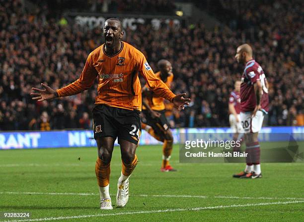 Kamil Zayatte of Hull celebrates after scoring his team's second goal during the Barclays Premier League match between Hull City and West Ham United...