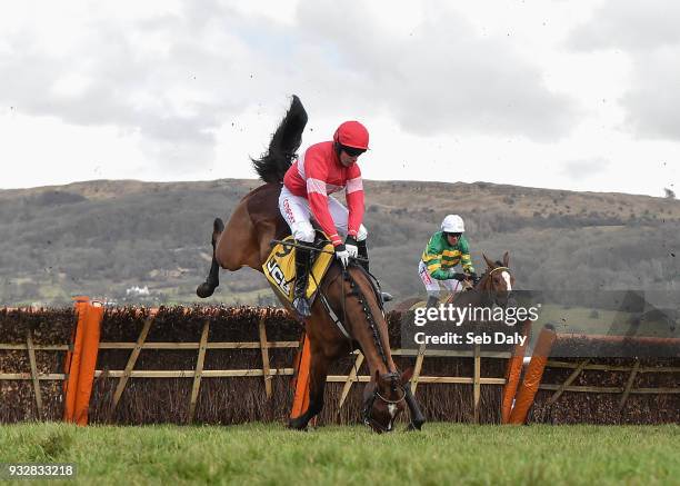 Cheltenham , United Kingdom - 16 March 2018; Stormy Ireland, with Noel Fehily up, falls at the last during the JCB Triumph Hurdle on Day Four of the...