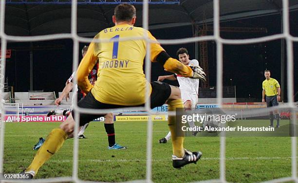 Zdravko Kuzmanovic of Stuttgart scores his first team's goal during the Bundesliga match between VfB Stuttgart and Hertha BSC Berlin at the...