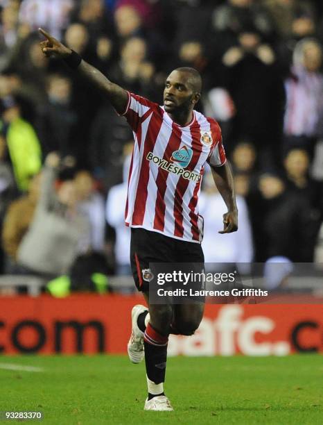 Darren Bent of Sunderland celebrates his goal during the Barclays Premier League match between Suderland and Arsenal at The Stadium of Light on...