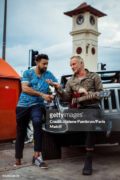 Singer and musician Sting with singer and Dj Shaggy during the filming of a music video Don't Make me Wait are photographed for Paris Match on...