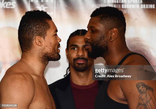Joe Joyce and Donnie Palmer attend the Hayemaker Ringstar Weigh In at The Park Plaza Victoria on March 16, 2018 in London, England. The Double Header...