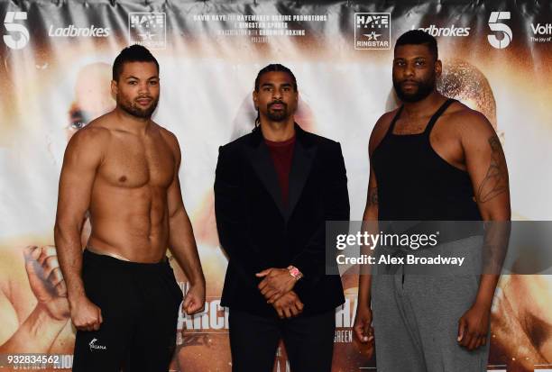 Joe Joyce and Donnie Palmer attend the Hayemaker Ringstar Weigh In at The Park Plaza Victoria on March 16, 2018 in London, England. The Double Header...