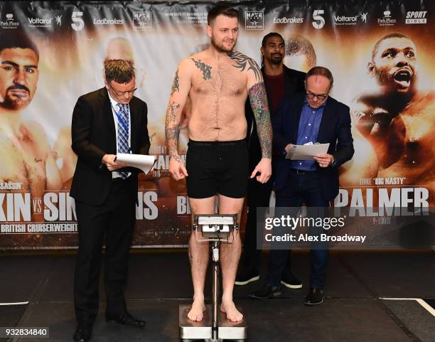 Danny Couzens attends the Hayemaker Ringstar Weigh In at The Park Plaza Victoria on March 16, 2018 in London, England. The Double Header Fight Night...