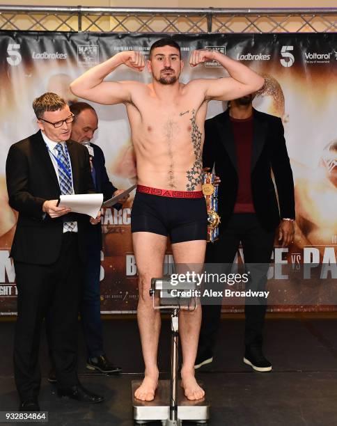 Matty Askin attends the Hayemaker Ringstar Weigh In at The Park Plaza Victoria on March 16, 2018 in London, England. The Double Header Fight Night...