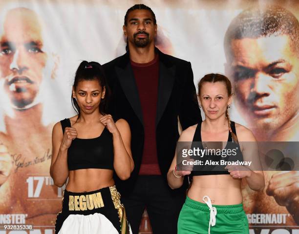 Roqsana Begum, David Haye and Ivanka Ivanova attend the Hayemaker Ringstar Weigh In at The Park Plaza Victoria on March 16, 2018 in London, England....