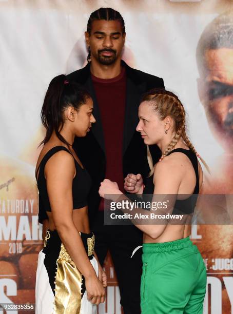Roqsana Begum, David Haye and Ivanka Ivanova attend the Hayemaker Ringstar Weigh In at The Park Plaza Victoria on March 16, 2018 in London, England....