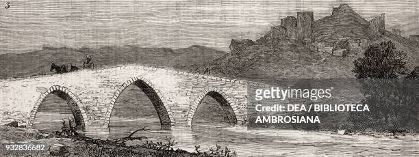 Ancient bridge over the Touzla river, the British fleet in the Mediterranean, illustration from the magazine The Graphic, volume XX, no 516, October...