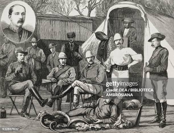 Sir Owen Lanyon, British Administrator, top, and his official staff, the Rebellion in Transvaal, illustration from the magazine The Graphic, volume...