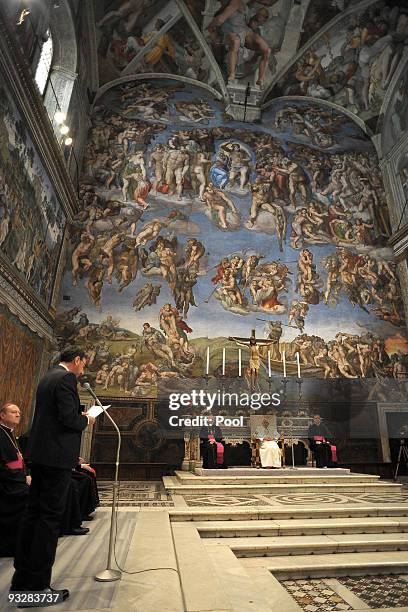 Italian actor Sergio Castellitto speaks during a meeting with Pope Benedict XVI and the artists at the Sistine Chapel on November 21, 2009 in Vatican...