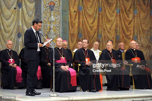 Italian actor Sergio Castellitto speaks during a meeting with Pope Benedict XVI and the artists at the Sistine Chapel on November 21, 2009 in Vatican...