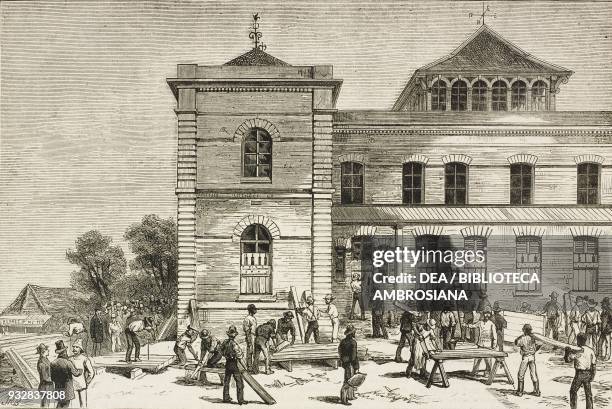 Barricading and loopholing the windows of the Court House in anticipation of the attack, Pietermaritzburg, South Africa, Anglo-Zulu War, illustration...