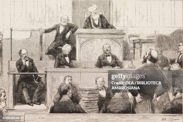 Henry Labouchere addressing the court, the Truth libel case, illustration from the magazine The Graphic, volume XX, no 519, November 8, 1879.