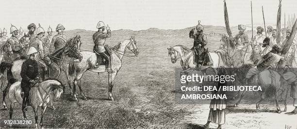 Shere Ali's representative at Khost making his submission to General Roberts, Second Anglo-Afghan war, illustration from the magazine The Graphic,...