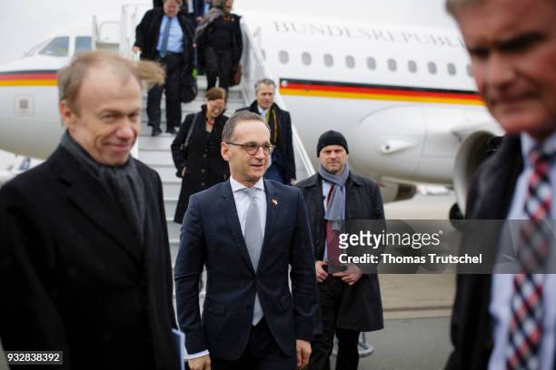 German Foreign Minister and Vice Chancellor Heiko Maas arrives at Warsaw Airport on October 16, 2018 in Warsaw, Poland. On his second trip as newly...