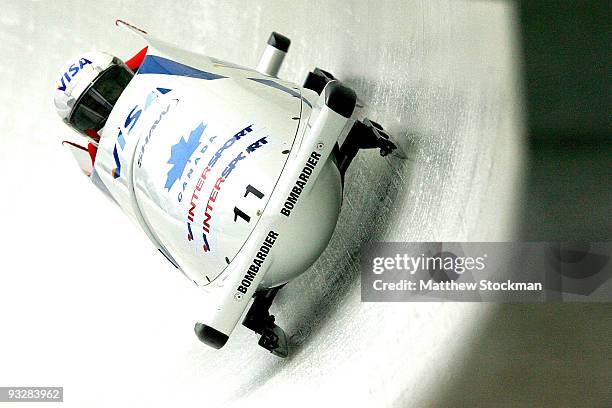 Driver Lyndon Rush of Canada competes in his second run of the 2-man bobsled competition during the FIBT Bob & Skeleton World Cup on November 21,...