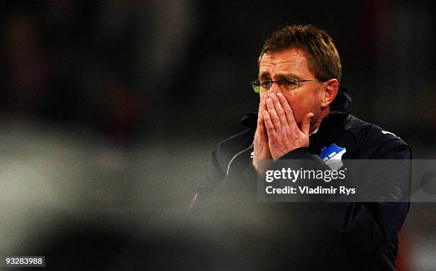 Coach Ralf Rangnick of Hoffenheim reacts during the Bundesliga match between 1. FC Koeln and 1899 Hoffenheim at RheinEnergieStadion on November 21,...