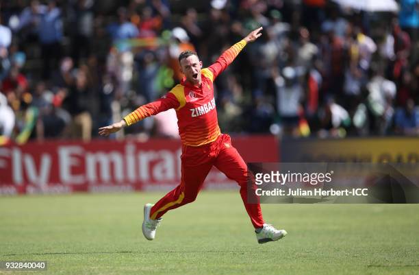 Sean Williams of Zimbabwe celebrates the wicket of Kevin O'Brien of Ireland during The ICC Cricket World Cup Qualifier between Ireland and Zimbabwe...