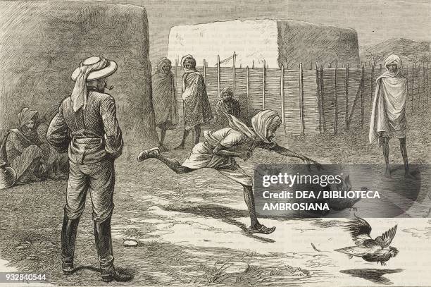 Afghan man chasing after a chicken, Afghanistan, Second Anglo-Afghan war, illustration from the magazine The Graphic, volume XIX, no 485, March 15,...