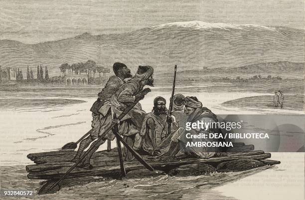 Raft on the Kutal river at Jalalabad, Afghanistan, Second Anglo-Afghan war, illustration from the magazine The Graphic, volume XIX, no 485, March 15,...