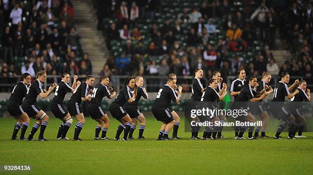 The Women's New Zealand team perform the Haka ahead of the Investec Challenge Series match between England Women and New Zealand Women at Twickenham...