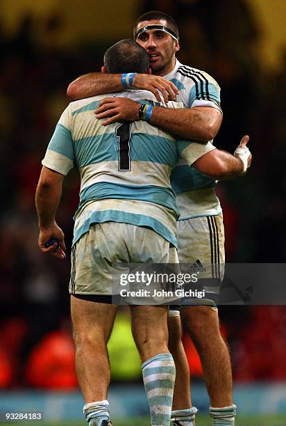 Juan Martin Fernandez Lobbe hugs Rodrigo Roncero after the international Rugby Union Match between Wales and Argentina at the Millennium Stadium on...