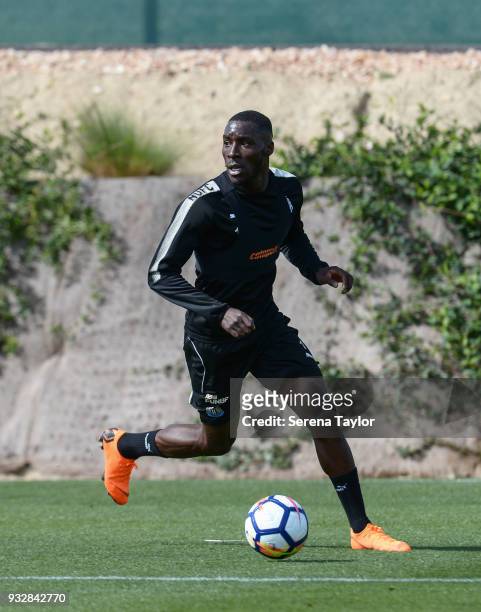 Massadio Haidara runs with the ball during the Newcastle United Training Session at Hotel La Finca on March 16 in Alicante, Spain.