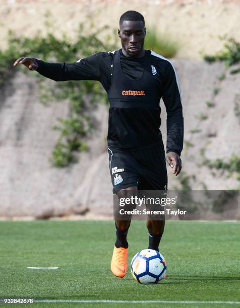 Massadio Haidara passes the ball during the Newcastle United Training Session at Hotel La Finca on March 16 in Alicante, Spain.