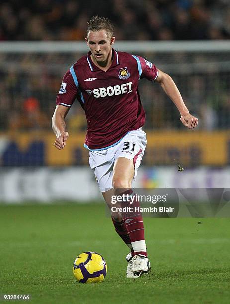 Jack Collison of West Ham in action during the Barclays Premier League match between Hull City and West Ham United at the KC Stadium on November 21,...