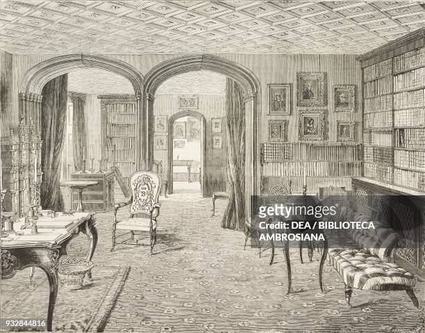 The library of Hughenden Manor, country house of Benjamin Disraeli, United Kingdom, illustration from the magazine The Graphic, volume XXIII, n 595,...
