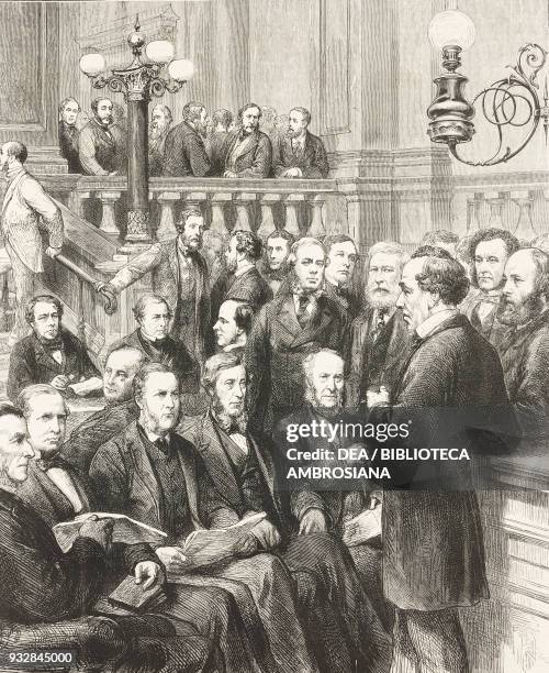 Meeting of the Conservative Party at the Carlton Club, Benjamin Disraeli, July 27 illustration from the magazine The Graphic, volume XXIII, n 595,...