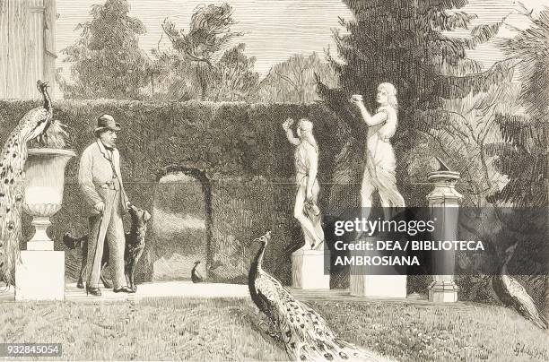 Benjamin Disraeli on the terrace, Hughenden Manor, country house of Benjamin Disraeli, United Kingdom, illustration from the magazine The Graphic,...