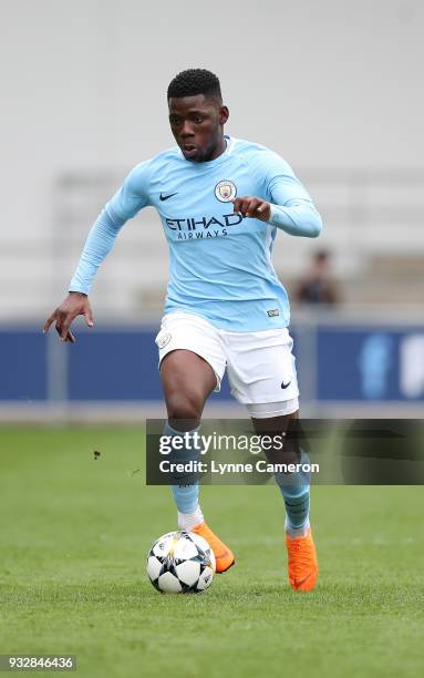 Tom Dele-Bashiru of Manchester City controls the ball during the UEFA Youth League Quarter-Final at Manchester City Football Academy on March 14,...