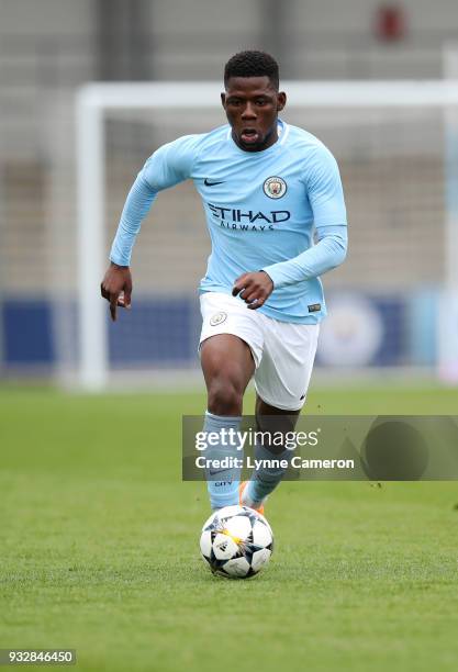 Tom Dele-Bashiru of Manchester City controls the ball during the UEFA Youth League Quarter-Final at Manchester City Football Academy on March 14,...