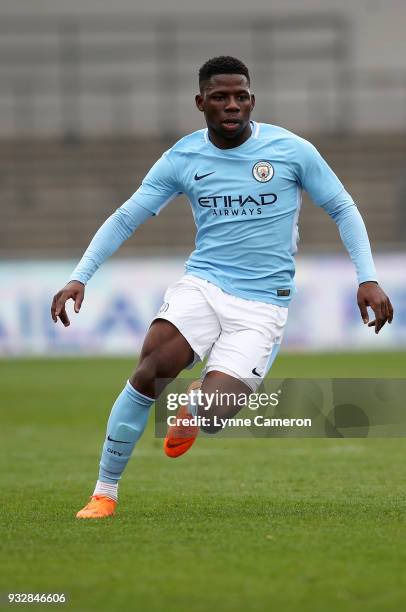 Tom Dele-Bashiru of Manchester City runs during the UEFA Youth League Quarter-Final at Manchester City Football Academy on March 14, 2018 in...