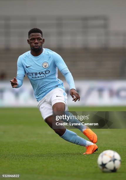 Tom Dele-Bashiru of Manchester City controls the ball during the UEFA Youth League Quarter-Final at Manchester City Football Academy on March 14,...