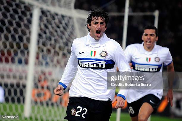 Diego Alberto Milito of Inter Milan celebrates during the Serie A match between Bologna and Inter Milan at Stadio Renato Dall'Ara on November 21,...