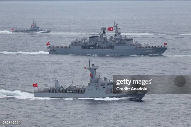 Navy vessels with Turkish flags take part in a rehearsal for the ceremonies to be held for the upcoming 103rd anniversary of the Gallipoli Campaign,...