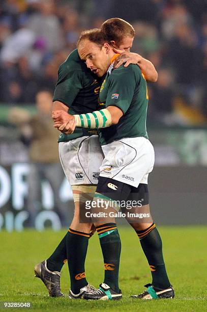Botha of South Africa and Jean Deysel of South Africa celebrate the win during the International match between Italy and South Africa at the Stadio...
