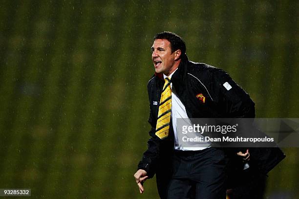 Watford Manager Malky Mackay screams instructions from the side lines during the Coca Cola Championship match between Watford and Scunthorpe United...