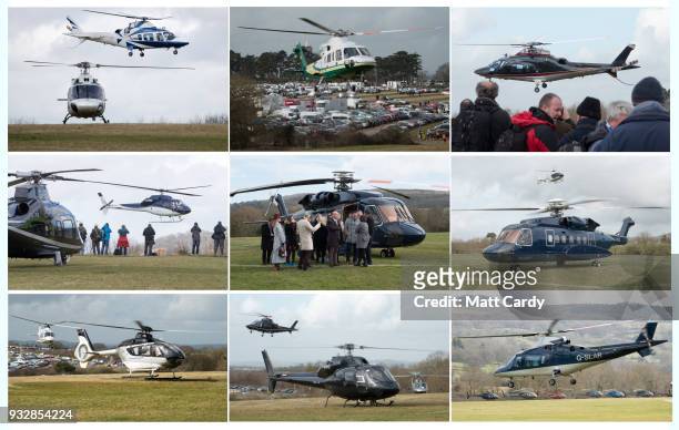 In this composite image, helicopters arrive carrying the rich and famous racegoers at the helipad near Cheltenham Racecourse for the final day of the...