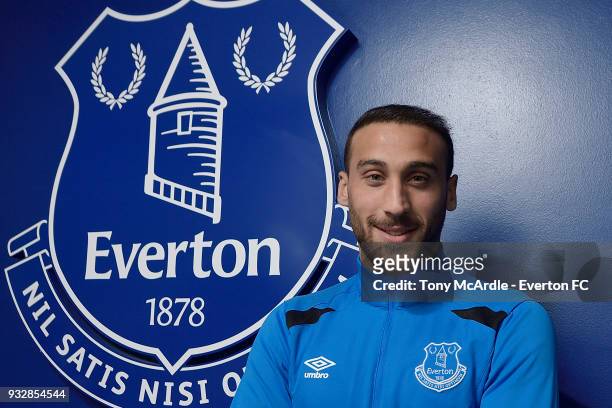 Cenk Tosun of Everton poses for a photograph at USM Finch Farm on March 15, 2018 in Halewood, England.