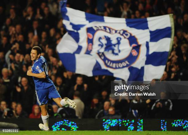 Joe Cole of Chelsea celebrates scoring their fourth goal during the Barclays Premiership match between Chelsea and Wolverhampton Wanderers at...