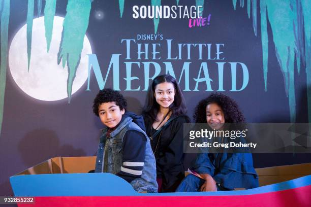 Anderson Slayton, Journey Slayton and Jordyn Curet attend the New Interactive Live Stage Show Of Disney's "The Little Mermaid" at the El Segundo...