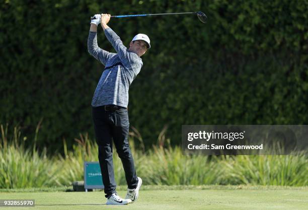 Cody Gribble plays his shot from the ninth tee during the second round at the Arnold Palmer Invitational Presented By MasterCard at Bay Hill Club and...