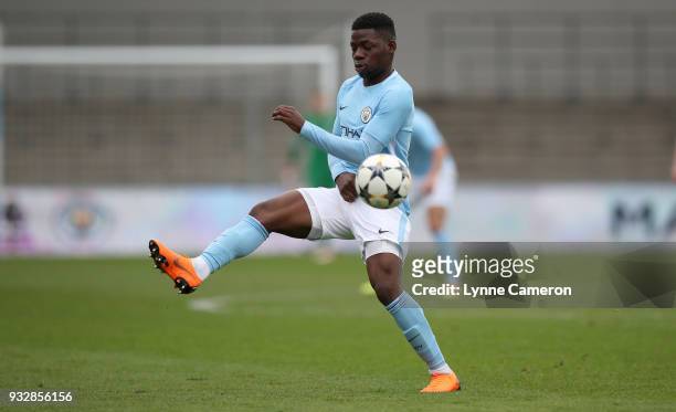 Tom Dele-Bashiru of Manchester City controls the ball during the UEFA Youth League Quarter-Final at Manchester City Football Academy on March 14,...