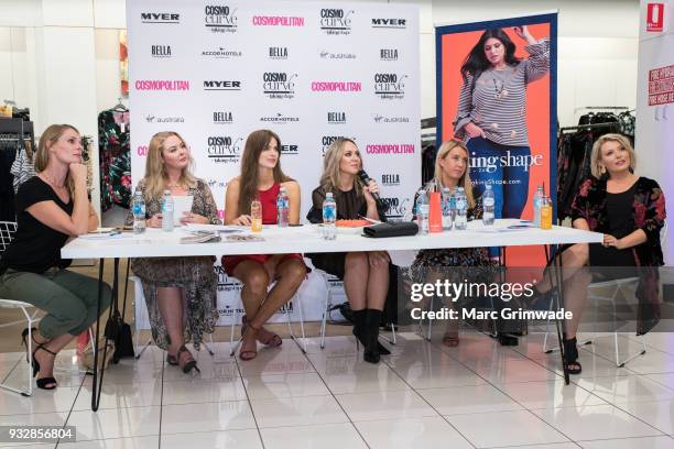 Judging panel, Skye Bonner, Chelsea Bonner, Robyn Lawley, Keshnee Kemp, Clare Hurley and Bec Gardiner at the Cosmo Curve on March 16, 2018 in...